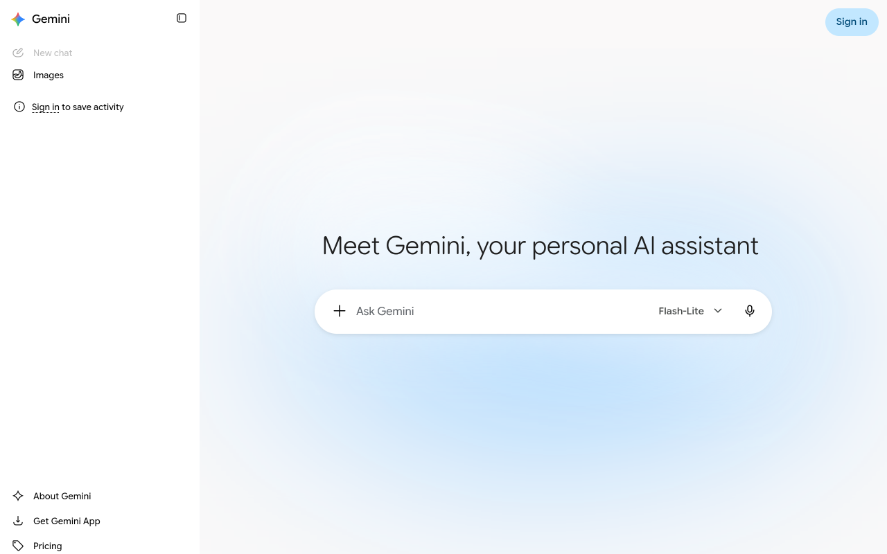 Capture de gemini.google.com sans connexion : le chat répond avec le modèle Flash-Lite et propose de se connecter