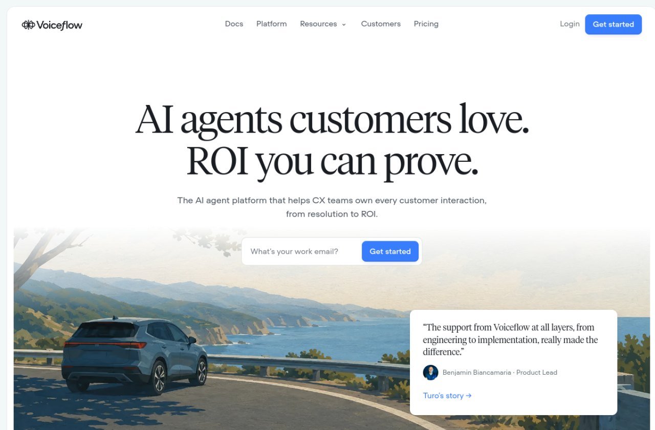 Page d'accueil de Voiceflow : plateforme d'agents IA pour les équipes service client