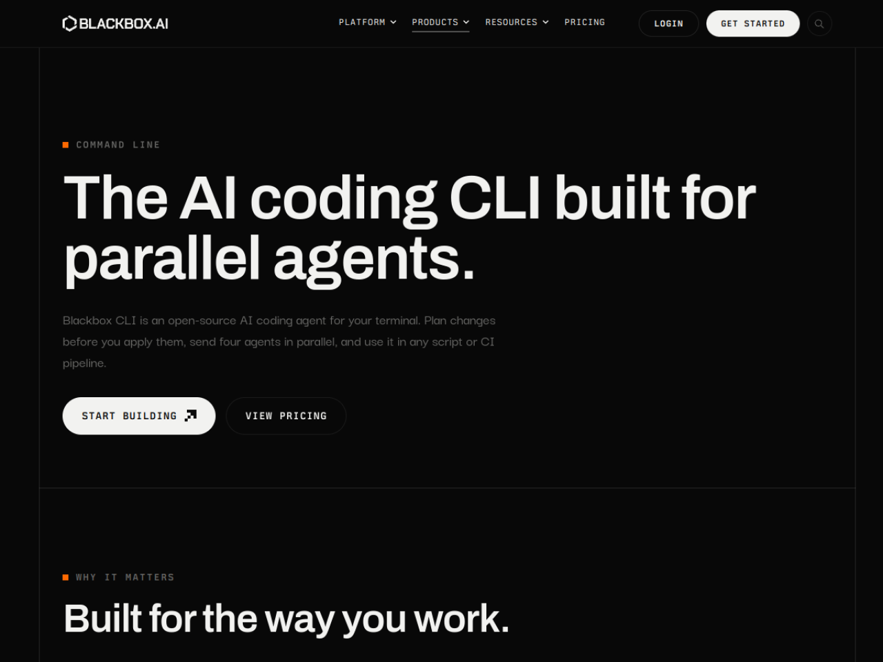 Page officielle du Blackbox CLI, agent de code en ligne de commande conçu pour des agents en parallèle
