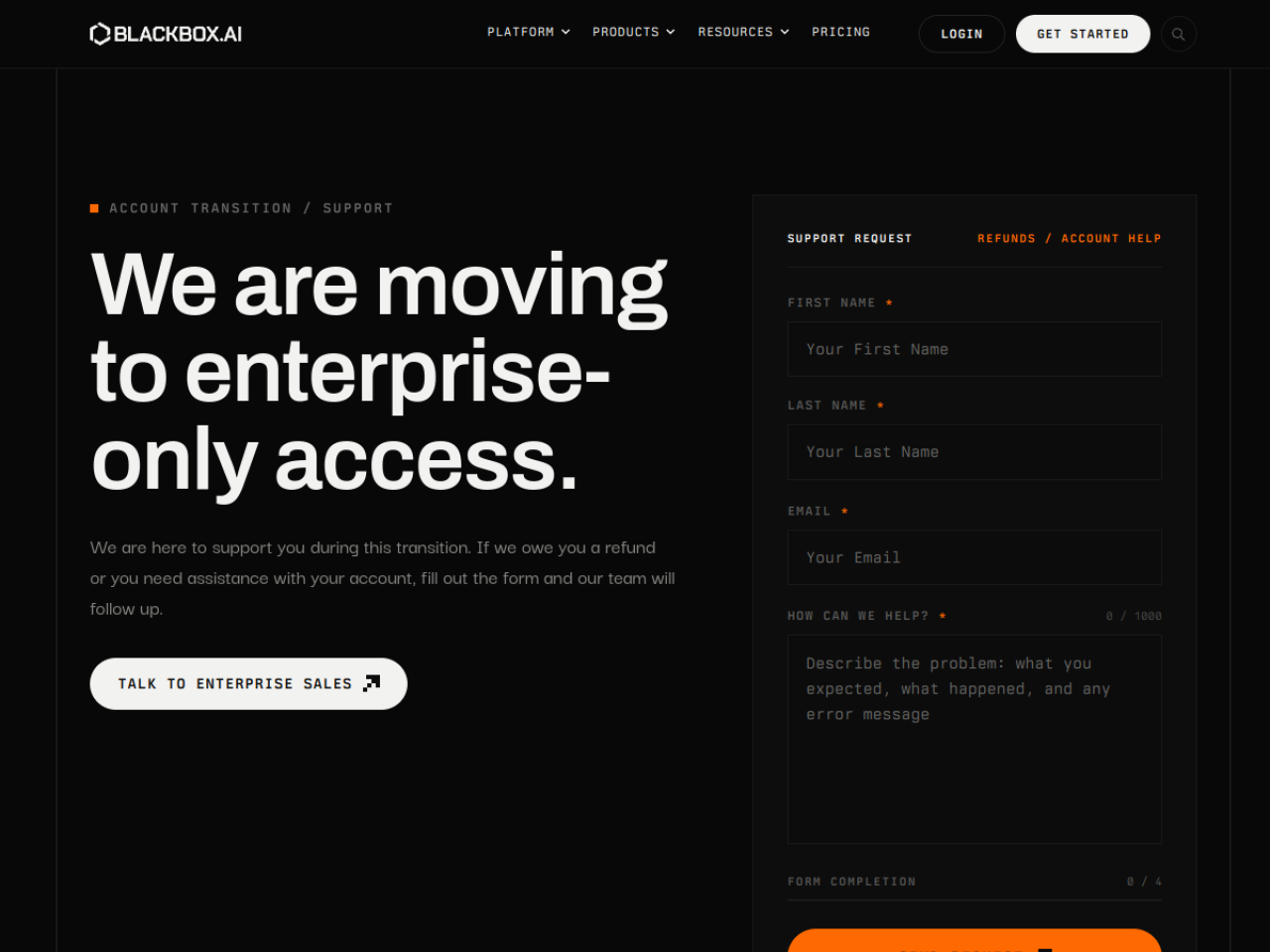 Page officielle de Blackbox AI annonçant le passage à un accès réservé aux entreprises, avec un formulaire de support pour les remboursements
