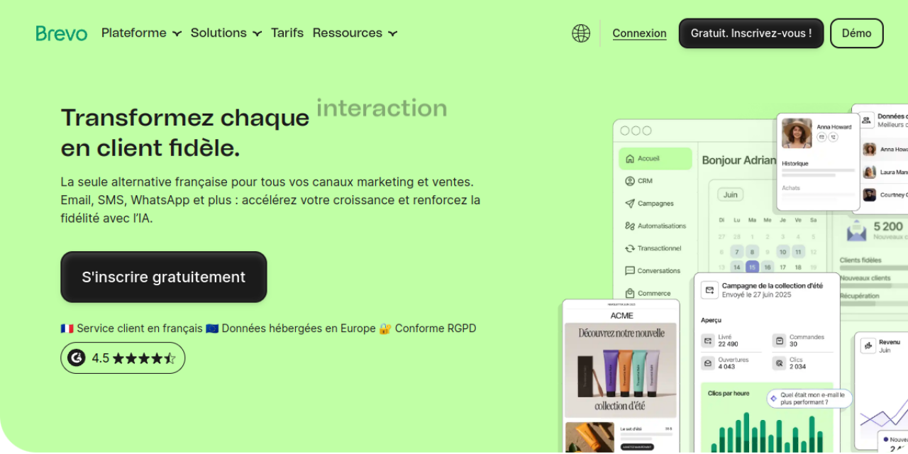 Page d'accueil de Brevo : « Transformez chaque interaction en client fidèle », avec le bouton S'inscrire gratuitement