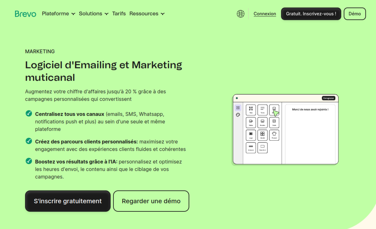 Page du logiciel d'emailing et de marketing multicanal de Brevo avec l'éditeur d'e-mails