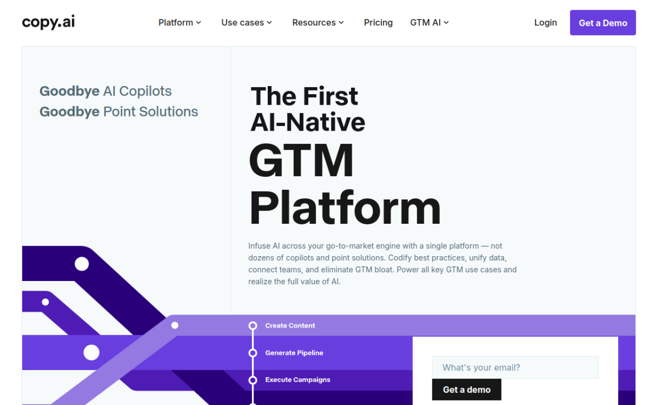 Page d'accueil de Copy.ai, plateforme GTM native IA pour équipes commerciales et marketing