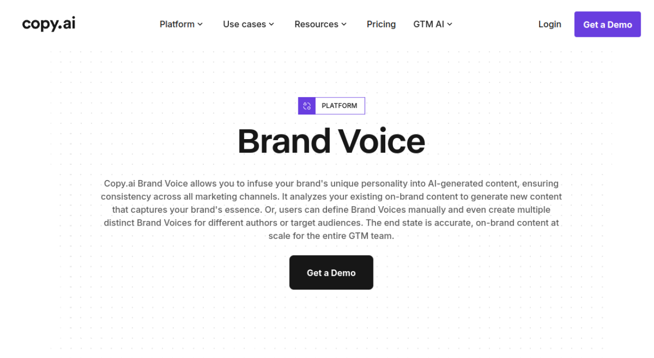 Page Brand Voice de Copy.ai, fonction de cohérence de ton de marque