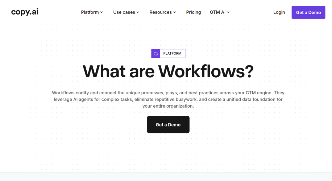 Page Workflows de Copy.ai, automatisation de processus commerciaux et marketing
