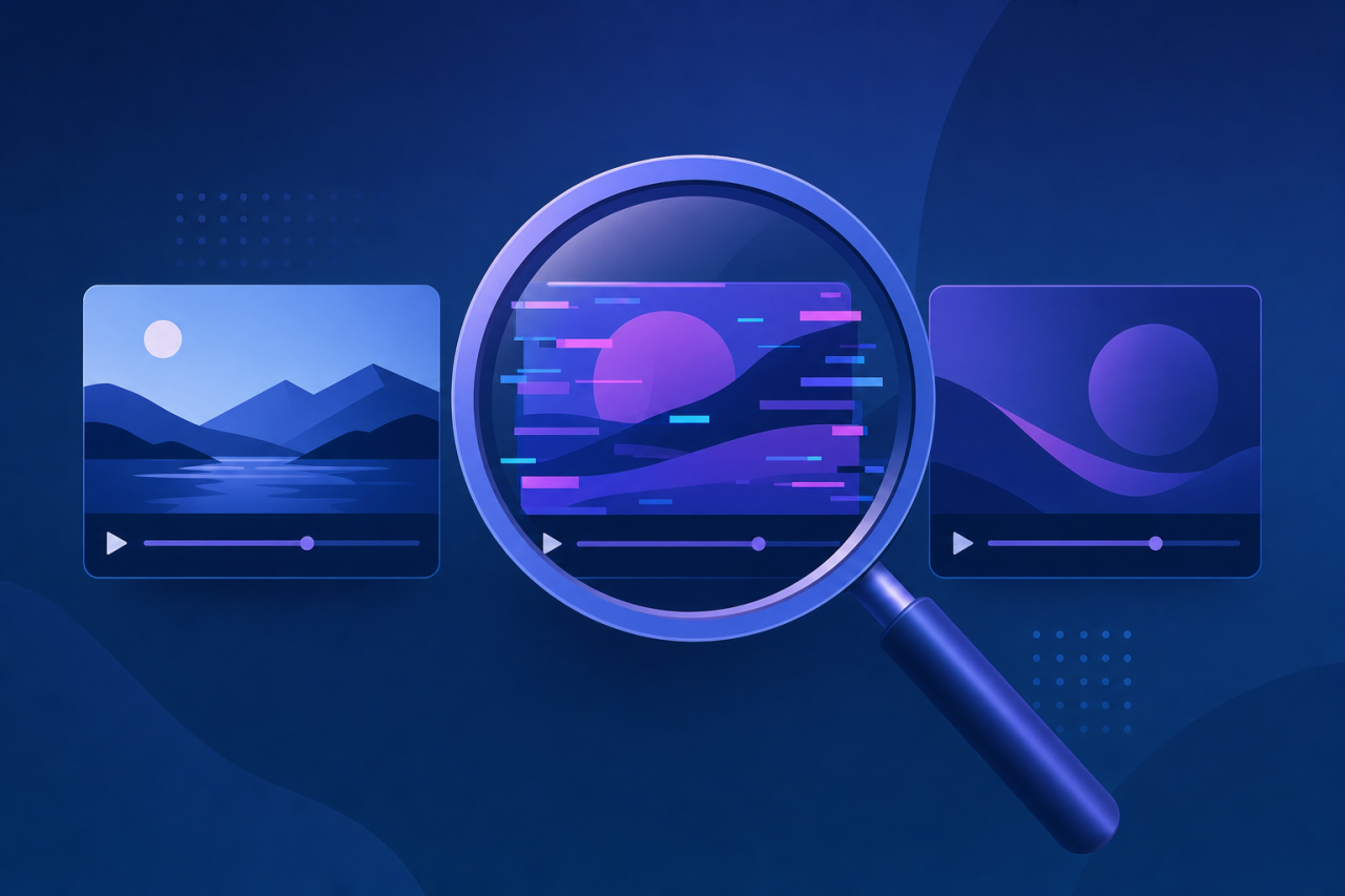 Loupe examinant trois vignettes video pour verifier l authenticite d une video