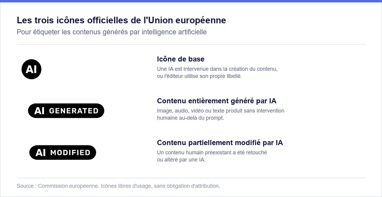 Les trois icônes officielles de l'Union européenne pour étiqueter les contenus générés par IA