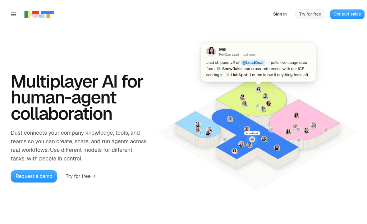 Page d'accueil de Dust, plateforme d'agents IA pour les équipes, avec l'accroche Multiplayer AI for human-agent collaboration