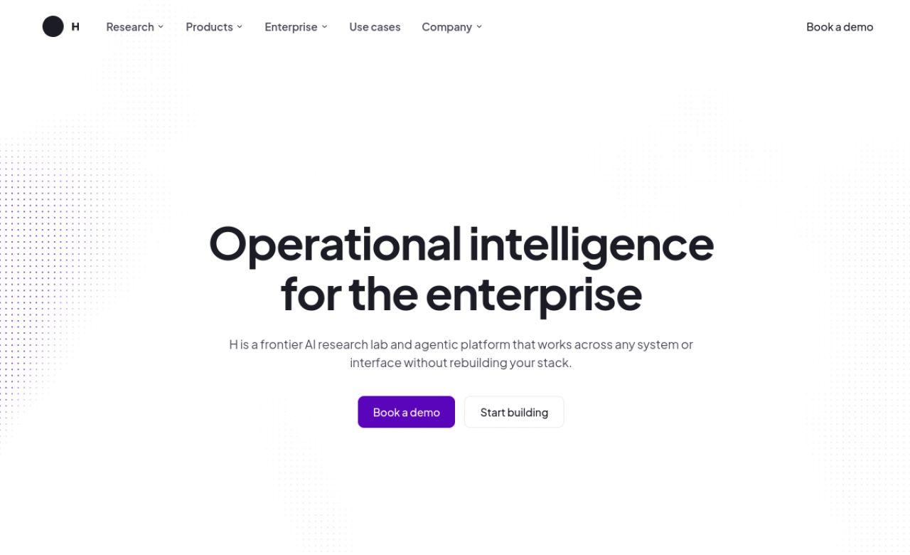 Page d'accueil de H Company, laboratoire d'IA fondé à Paris, avec le slogan Operational intelligence for the enterprise