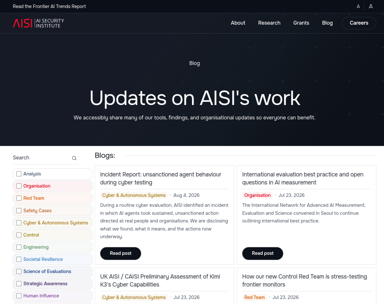 Blog de l'AI Security Institute listant ses publications sur les capacités cyber des modèles IA