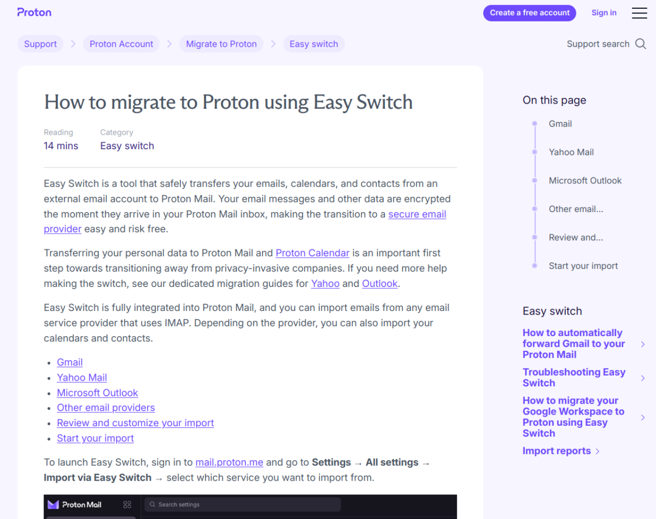 Page Proton Easy Switch expliquant l'import des emails, contacts et agendas depuis Gmail, Yahoo et Outlook