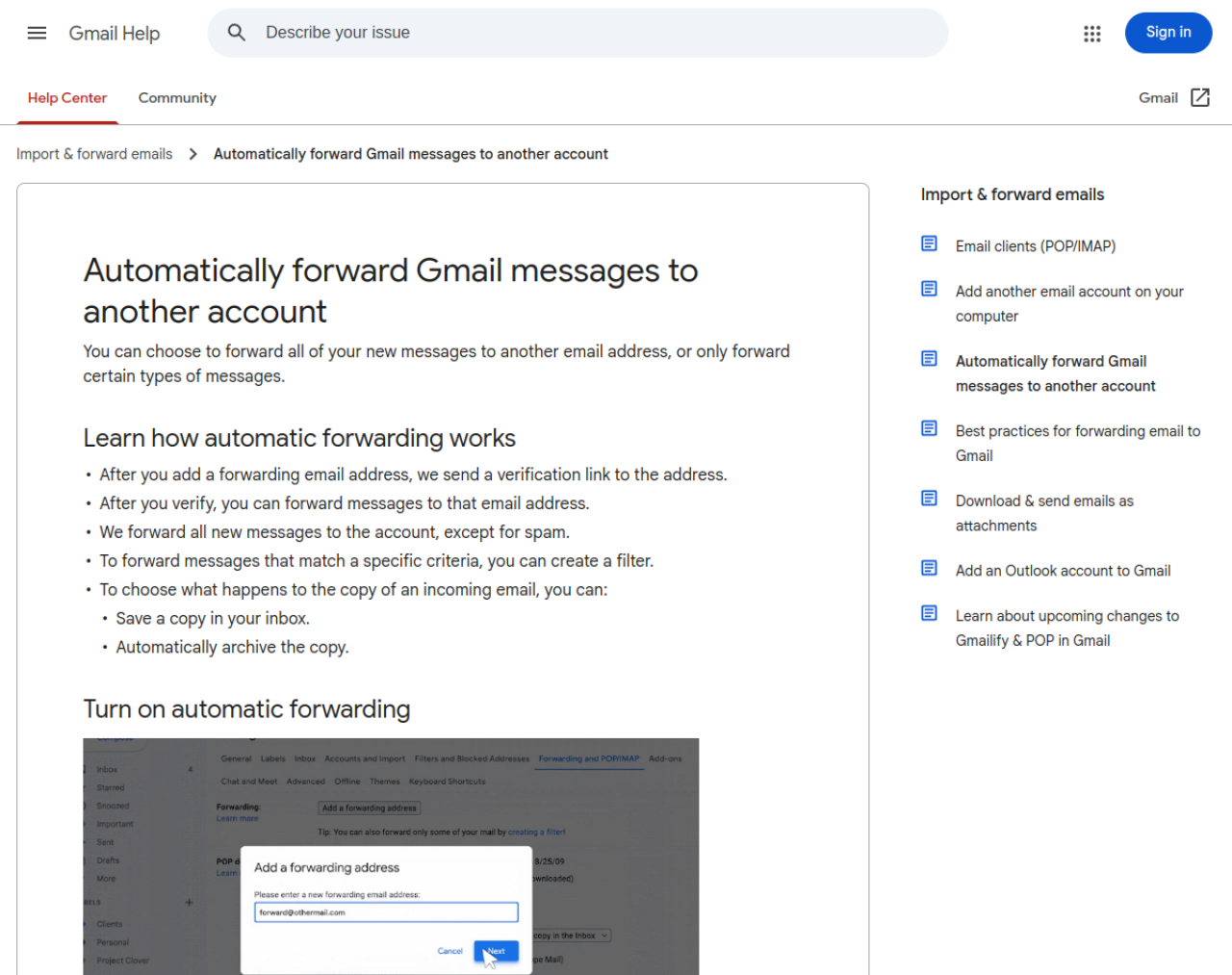 Réglages de transfert automatique dans Gmail, onglet Forwarding et POP/IMAP avec la fenêtre Add a forwarding address