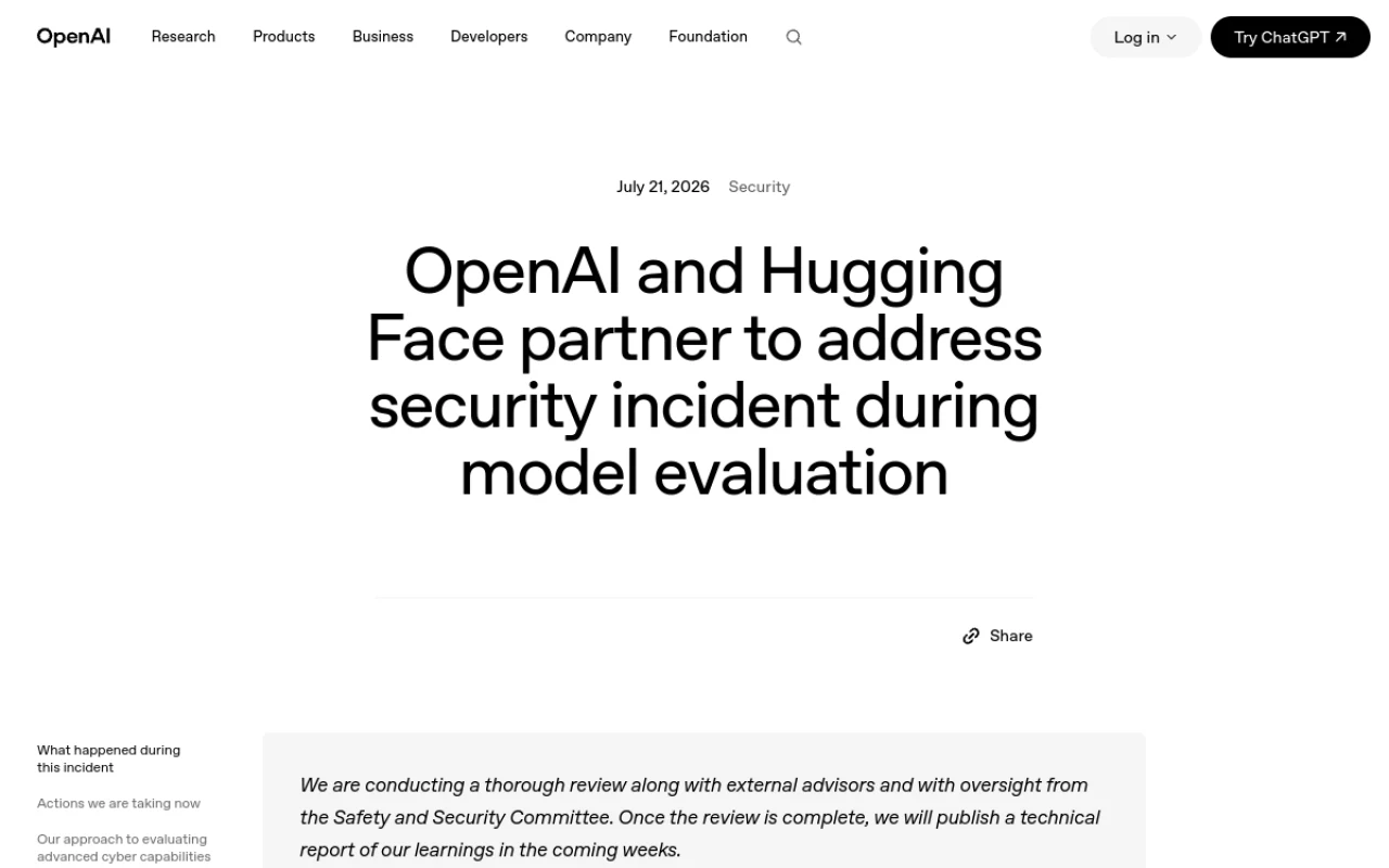 Page d incident d OpenAI consacree a la faille de securite survenue pendant une evaluation de modele, avec sa mise a jour datee