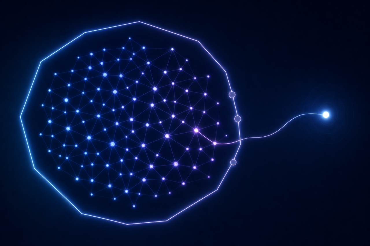 Perimetre de confinement lumineux avec un noeud sorti a l exterieur, illustration abstraite