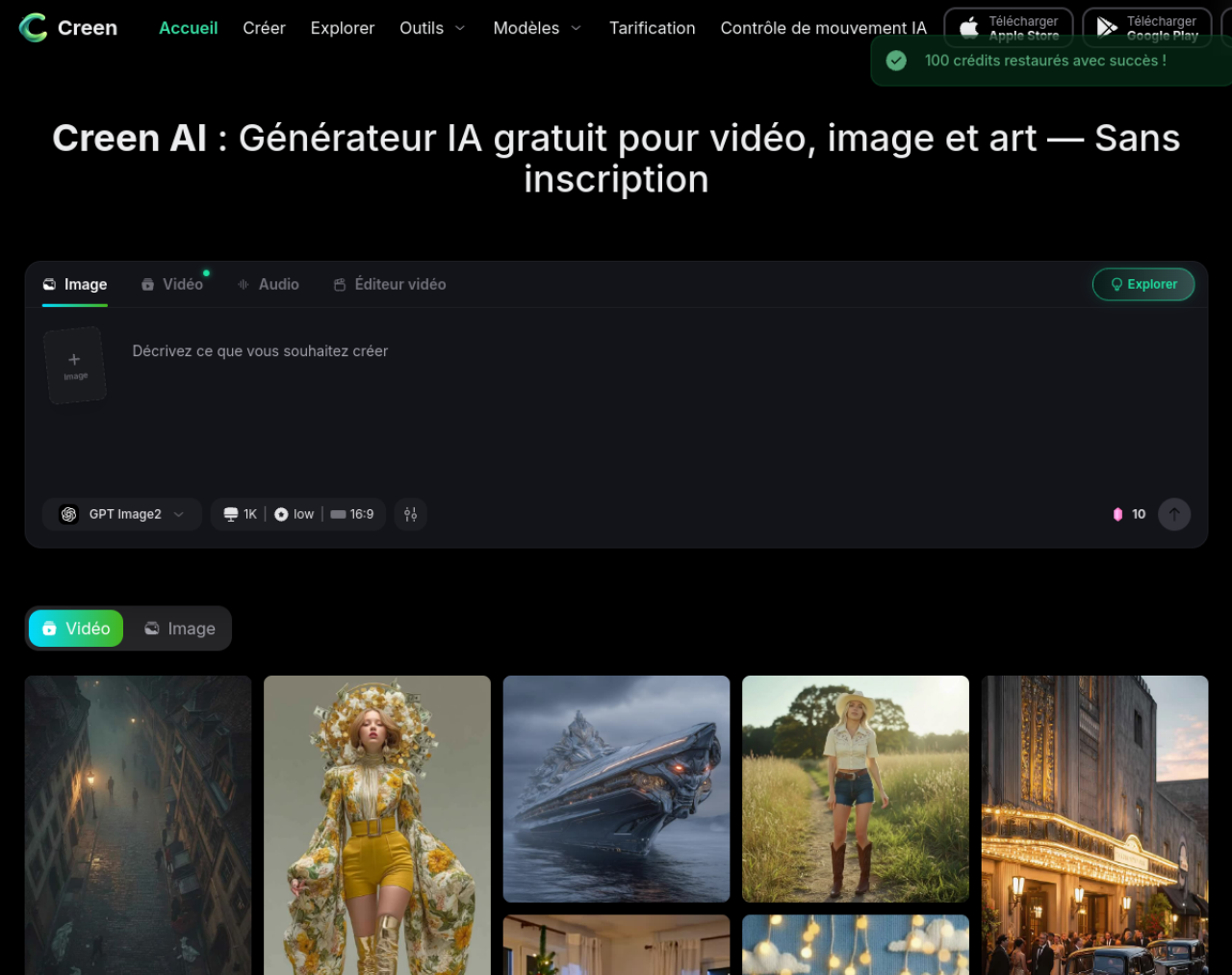 Creen AI, générateur vidéo IA gratuit sans inscription
