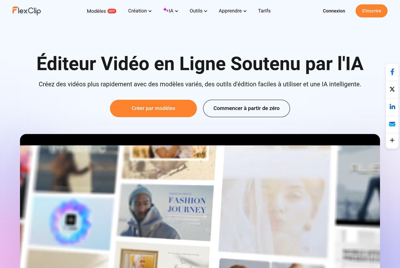 Interface de l'editeur FlexClip avec timeline et outils IA
