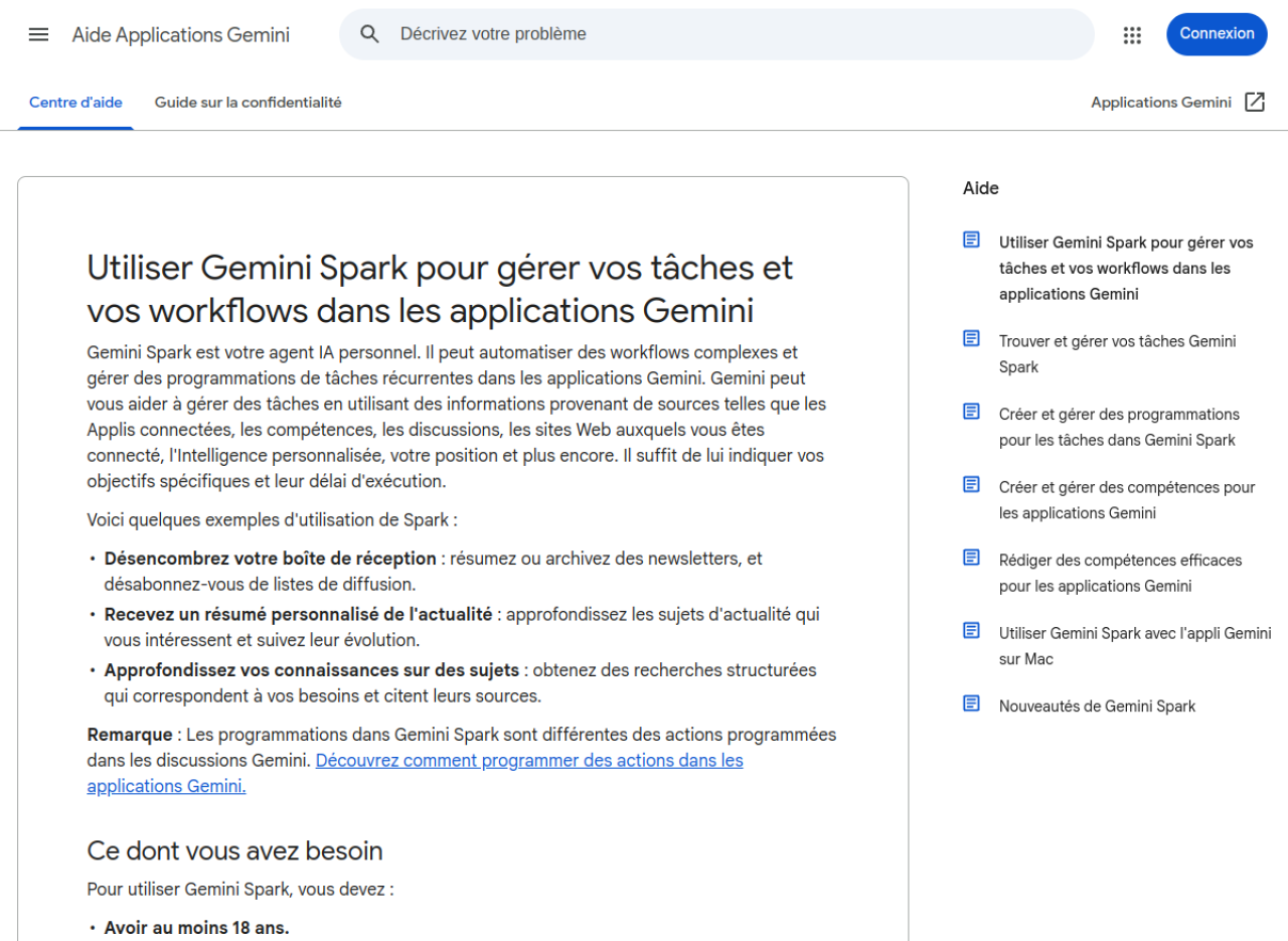 Centre d'aide français de Google décrivant Gemini Spark et les conditions requises pour l'utiliser