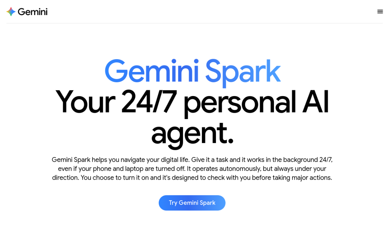 Page officielle de Gemini Spark présenté par Google comme un agent IA personnel disponible en continu