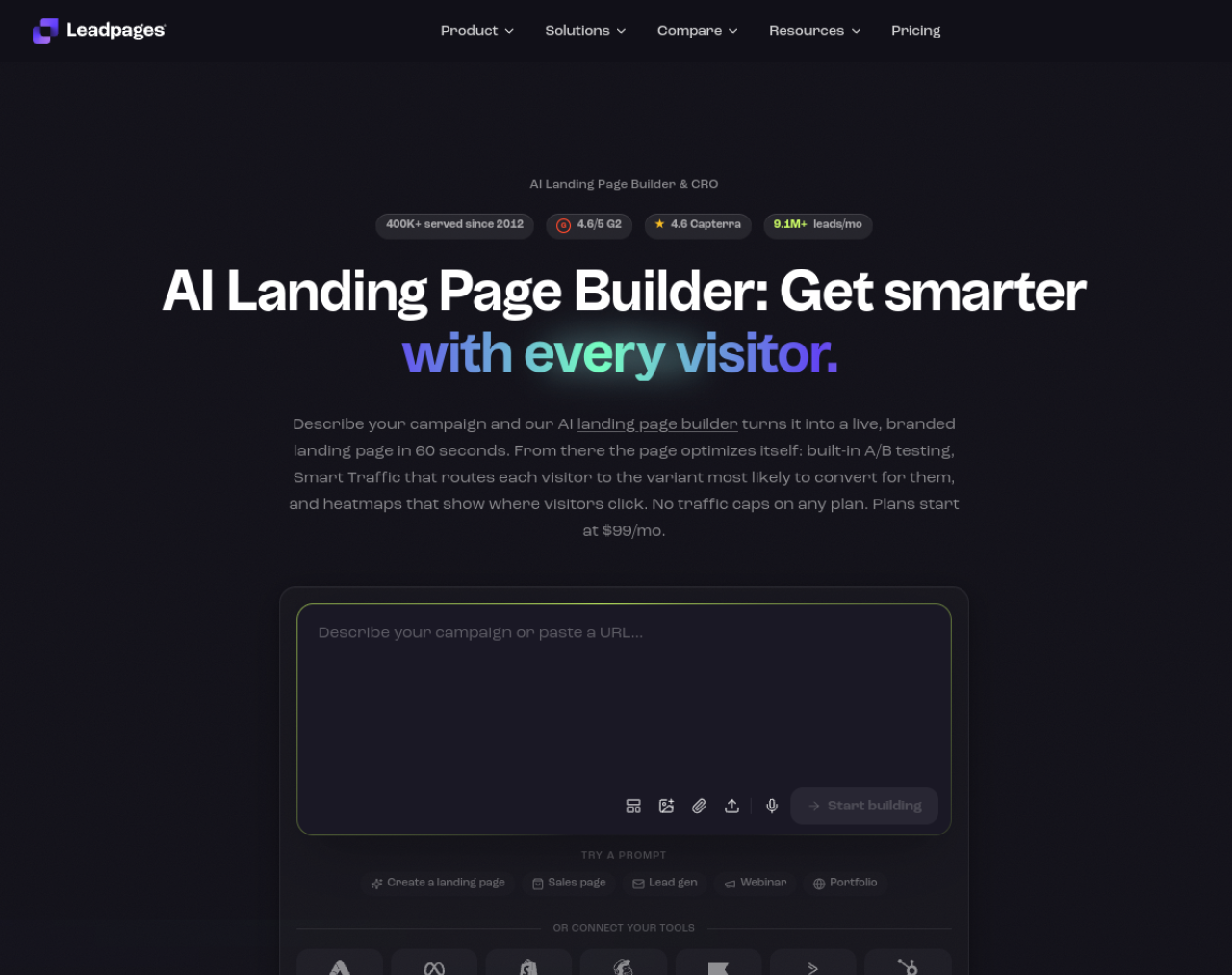 Page d'accueil de Leadpages, generateur de landing page par IA