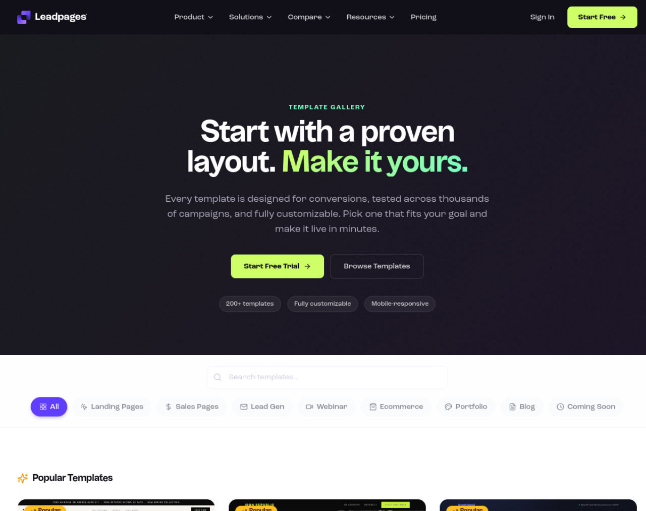 Galerie de modeles de landing pages Leadpages