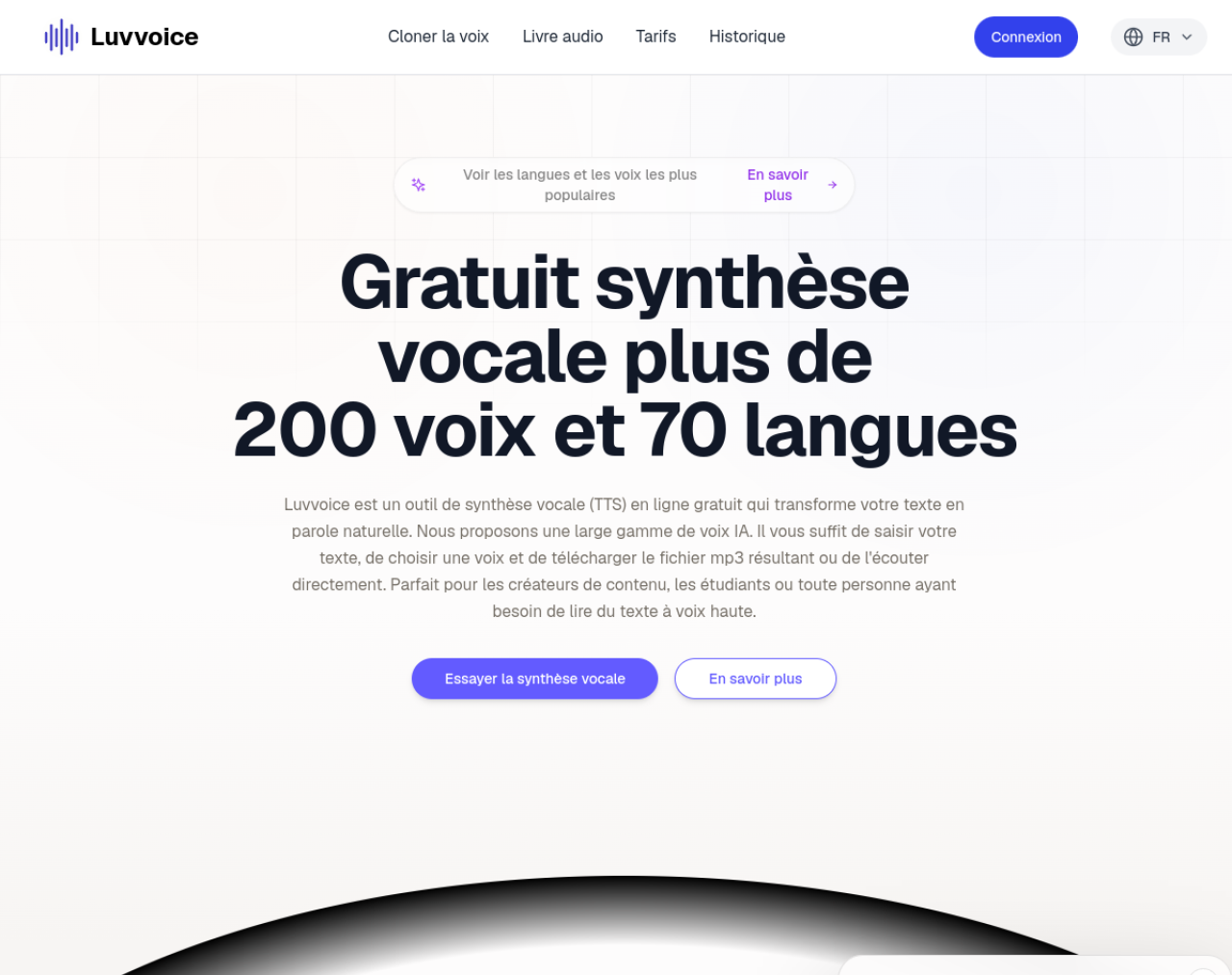 Interface de Luvvoice, synthèse vocale gratuite 200+ voix
