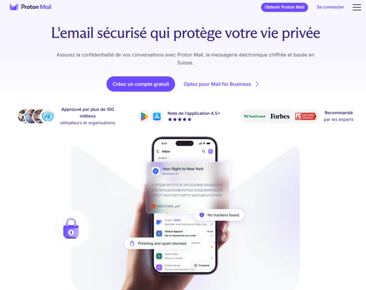 Page d'accueil de Proton Mail présentant la messagerie chiffrée basée en Suisse