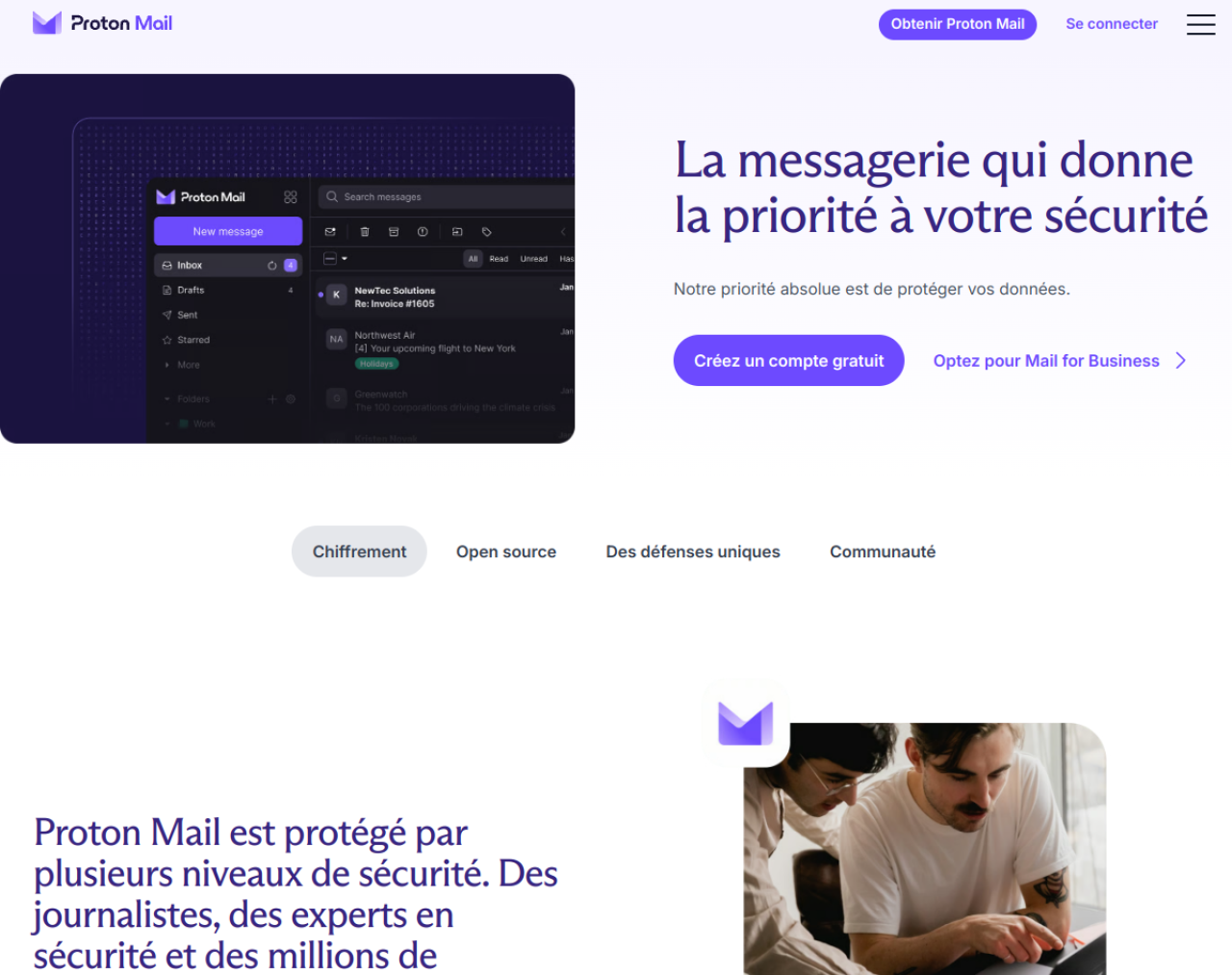 Page sécurité de Proton Mail montrant l'interface et les onglets chiffrement et open source