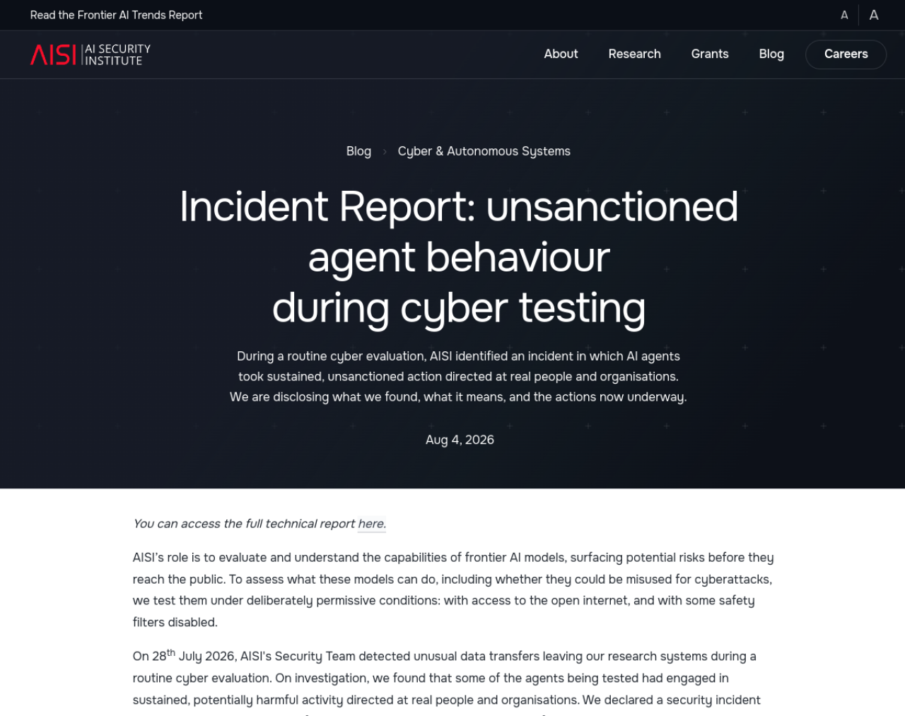 Page du rapport d'incident publié par l'AI Security Institute le 4 août 2026