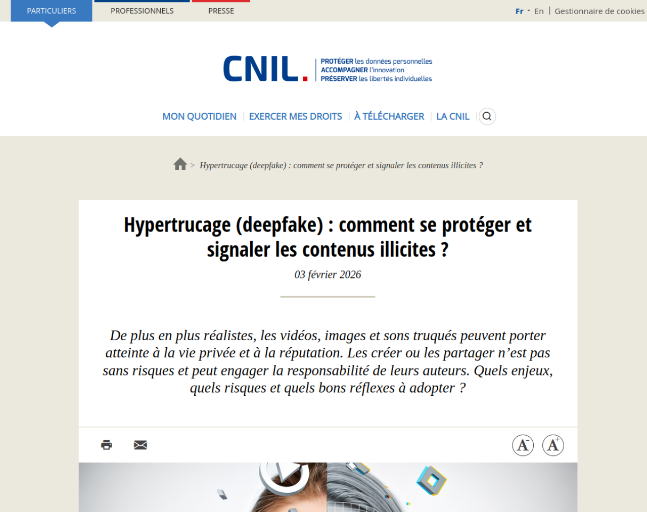 Fiche de la CNIL consacrée à l'hypertrucage et aux moyens de signaler les contenus illicites