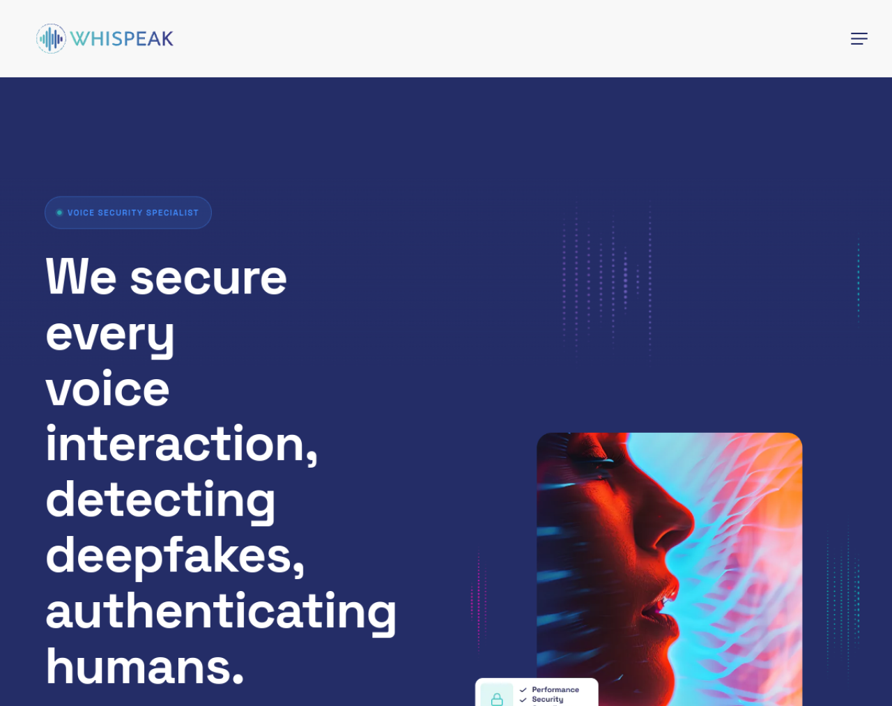 Page d'accueil de Whispeak, société lilloise de biométrie vocale et de détection des deepfakes audio