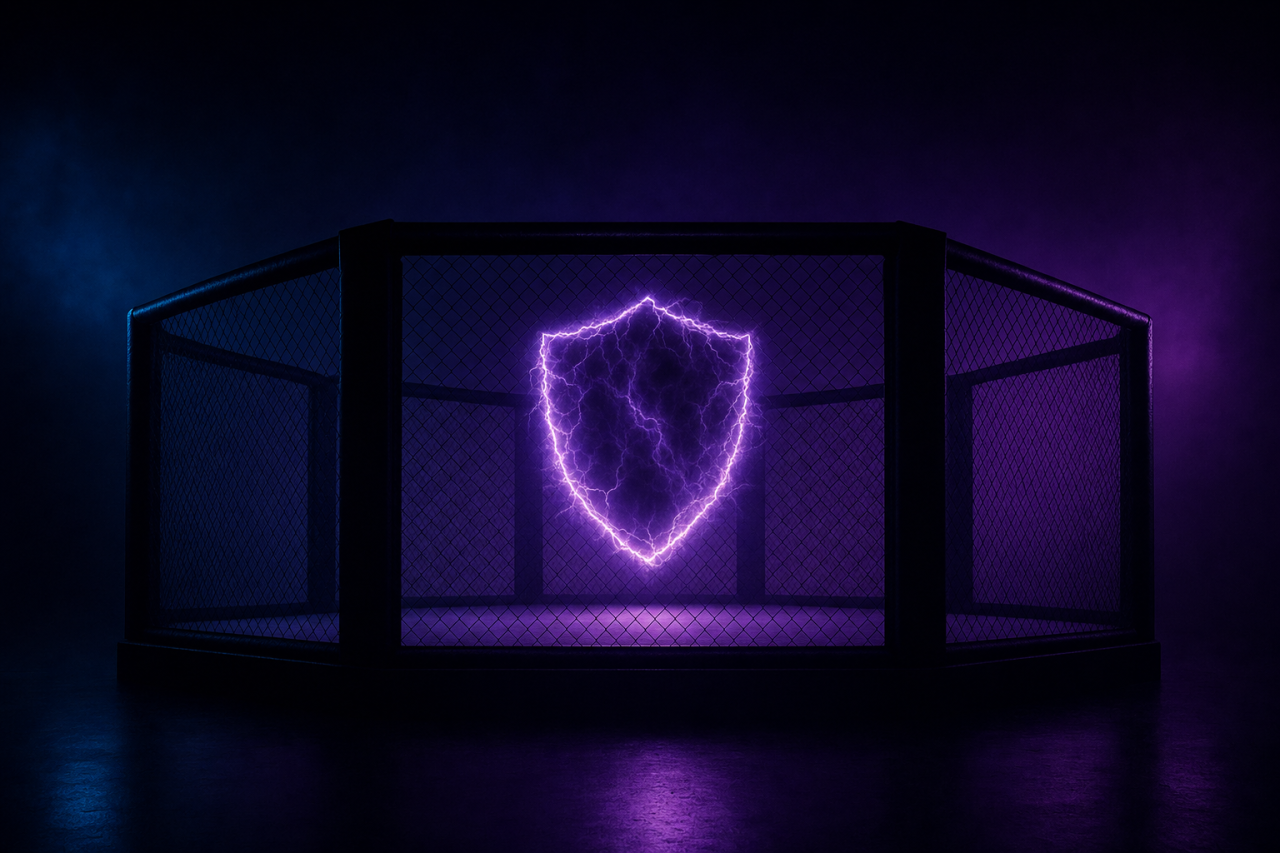Regarder UFC gratuit avec VPN, cage MMA avec bouclier violet