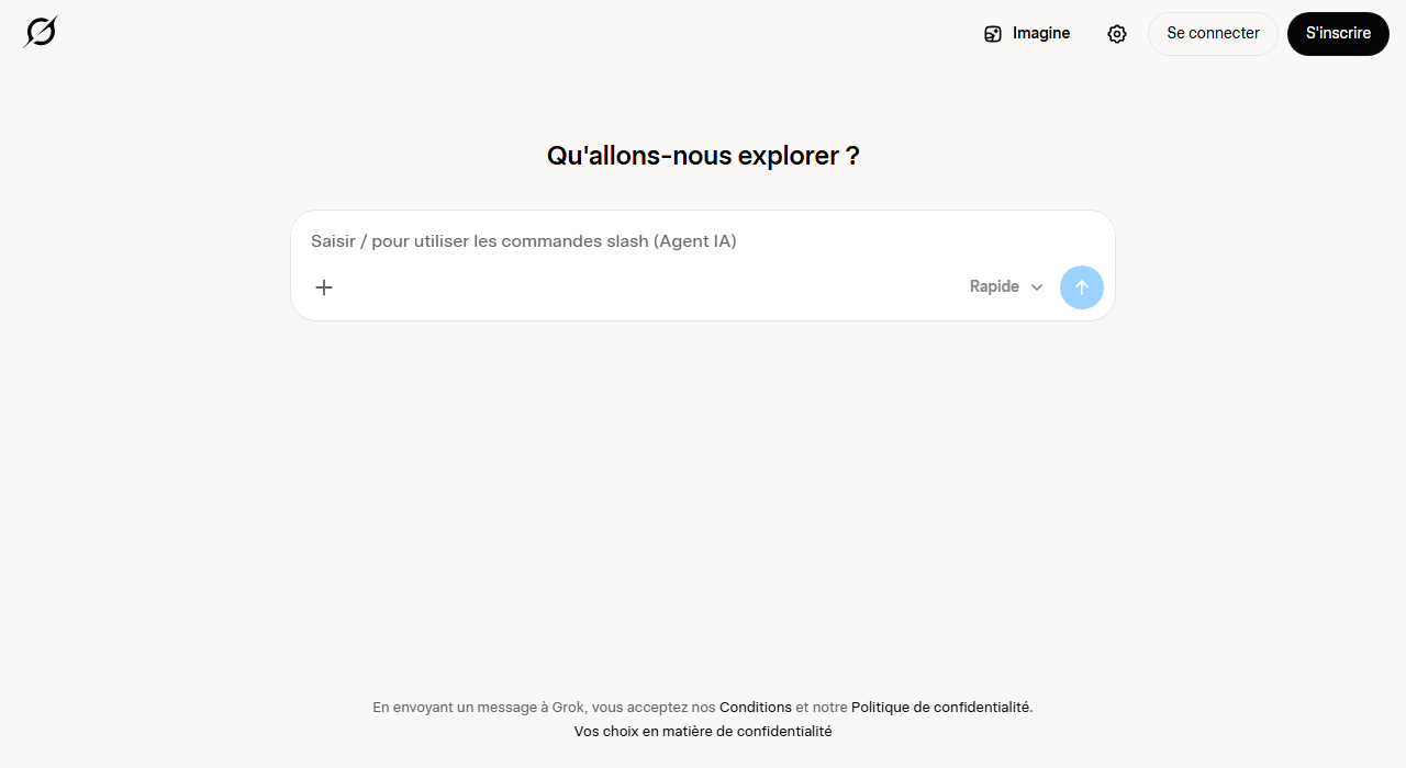 Page d'accueil de Grok avec le champ de saisie et les boutons Se connecter et S'inscrire