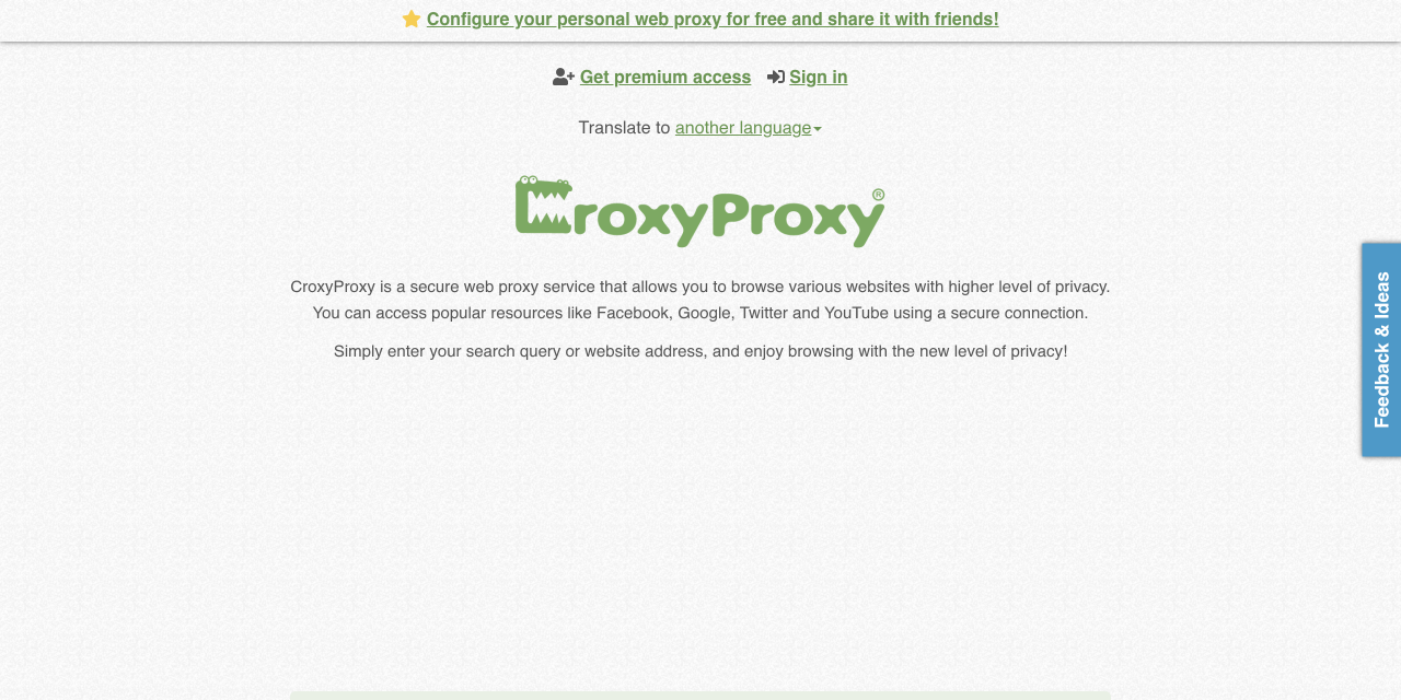 Page d'accueil du proxy web CroxyProxy avec son champ d'adresse