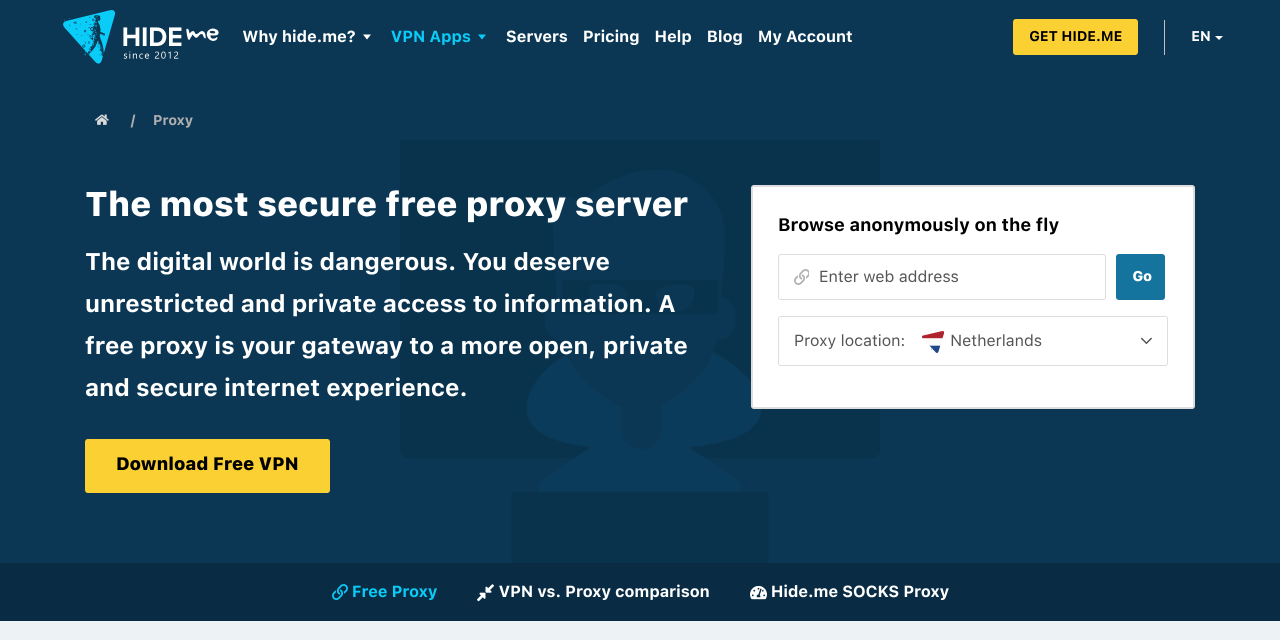 Page du proxy web gratuit de Hide.me avec le champ d'adresse et le choix du serveur