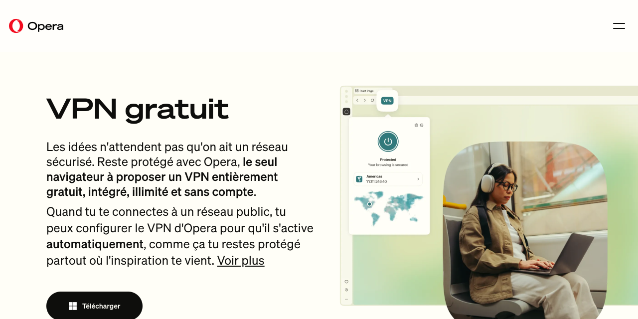 Page du VPN gratuit intégré au navigateur Opera