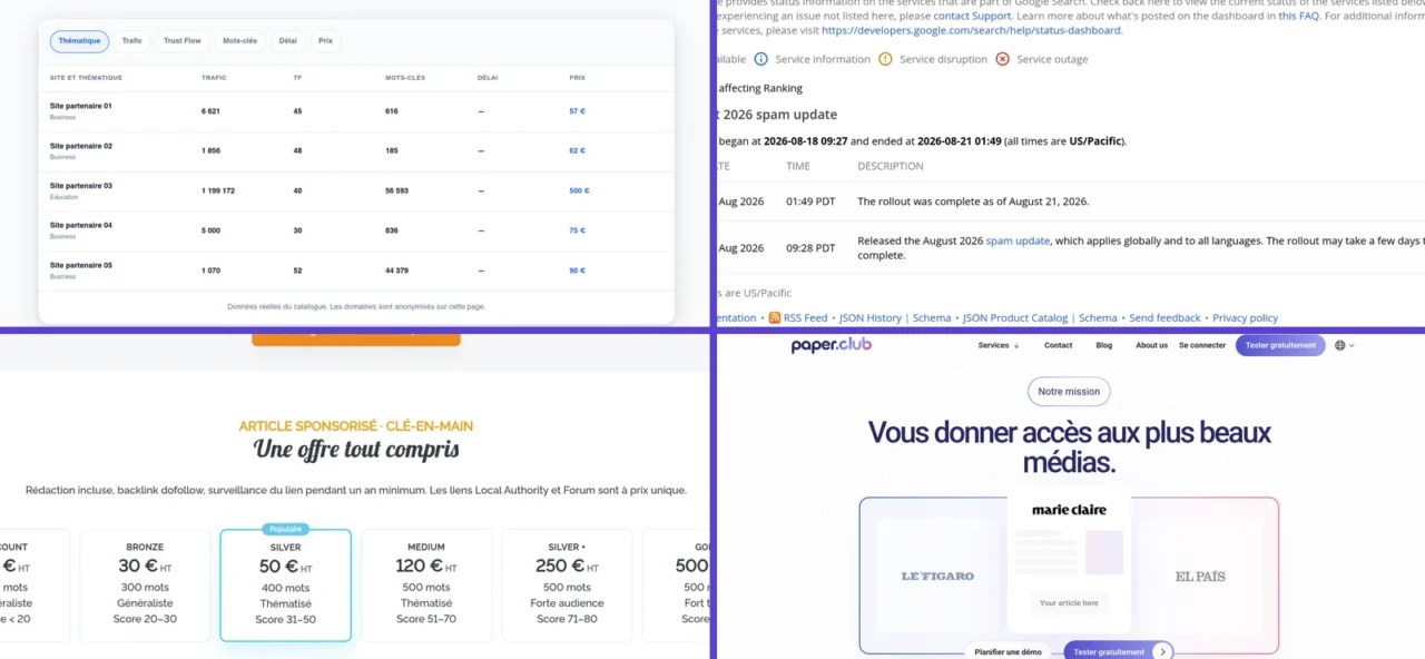 Acheter des backlinks : captures de plateformes et du tableau de bord Google