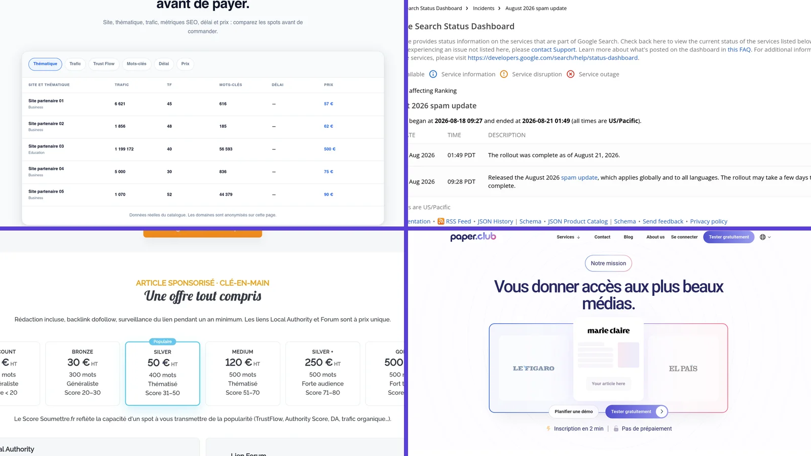Acheter des backlinks : captures de plateformes et du tableau de bord Google