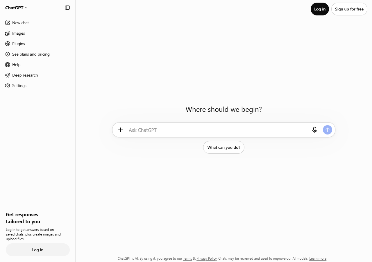 ChatGPT home page in guest mode with the Ask ChatGPT box and Log in and Sign up buttons