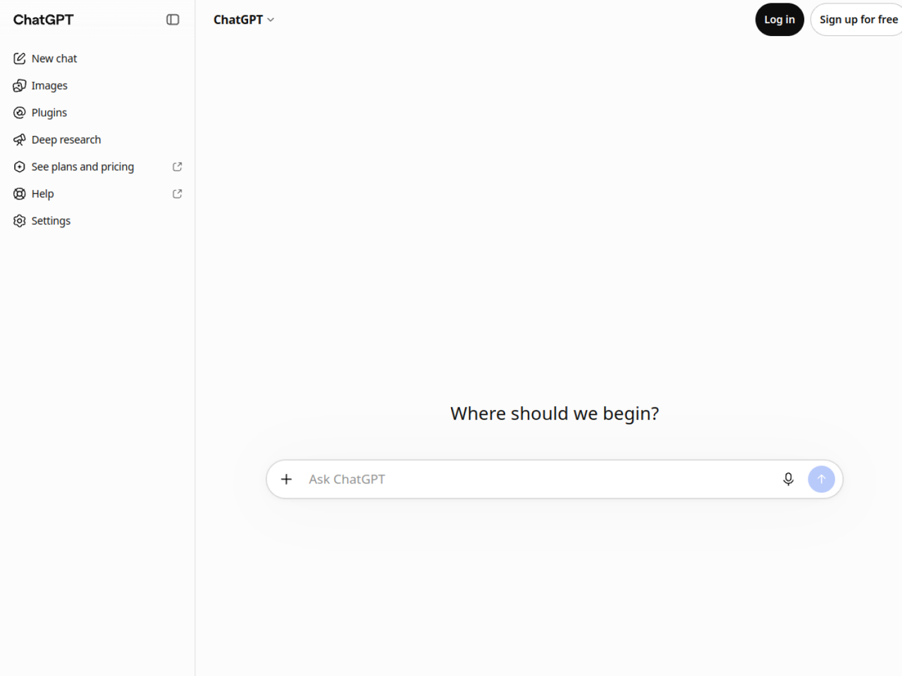 ChatGPT home page with the Ask ChatGPT prompt box, Log in and Sign up for free buttons, and no account signed in