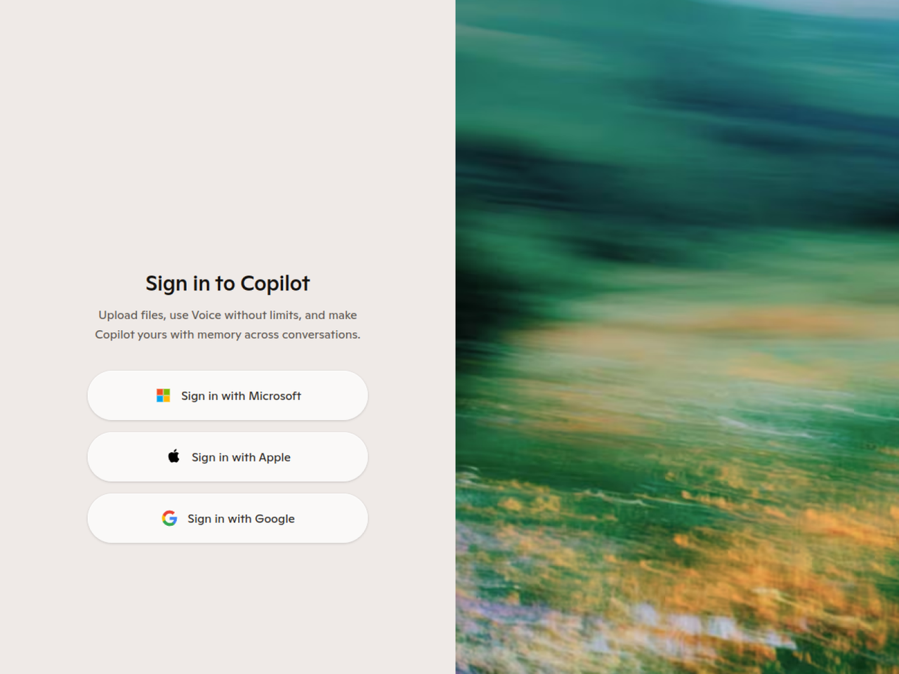 Microsoft Copilot sign-in screen offering Sign in with Microsoft, Apple or Google