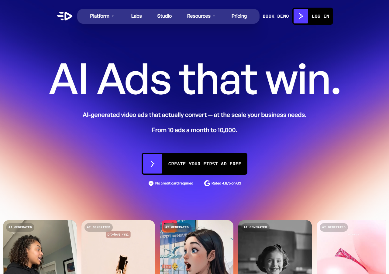 Creatify homepage: AI ads that win, with a Create your first ad free button