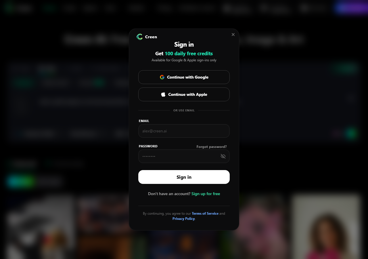 Creen AI sign-in window offering 100 daily free credits with Google, Apple or email sign-in