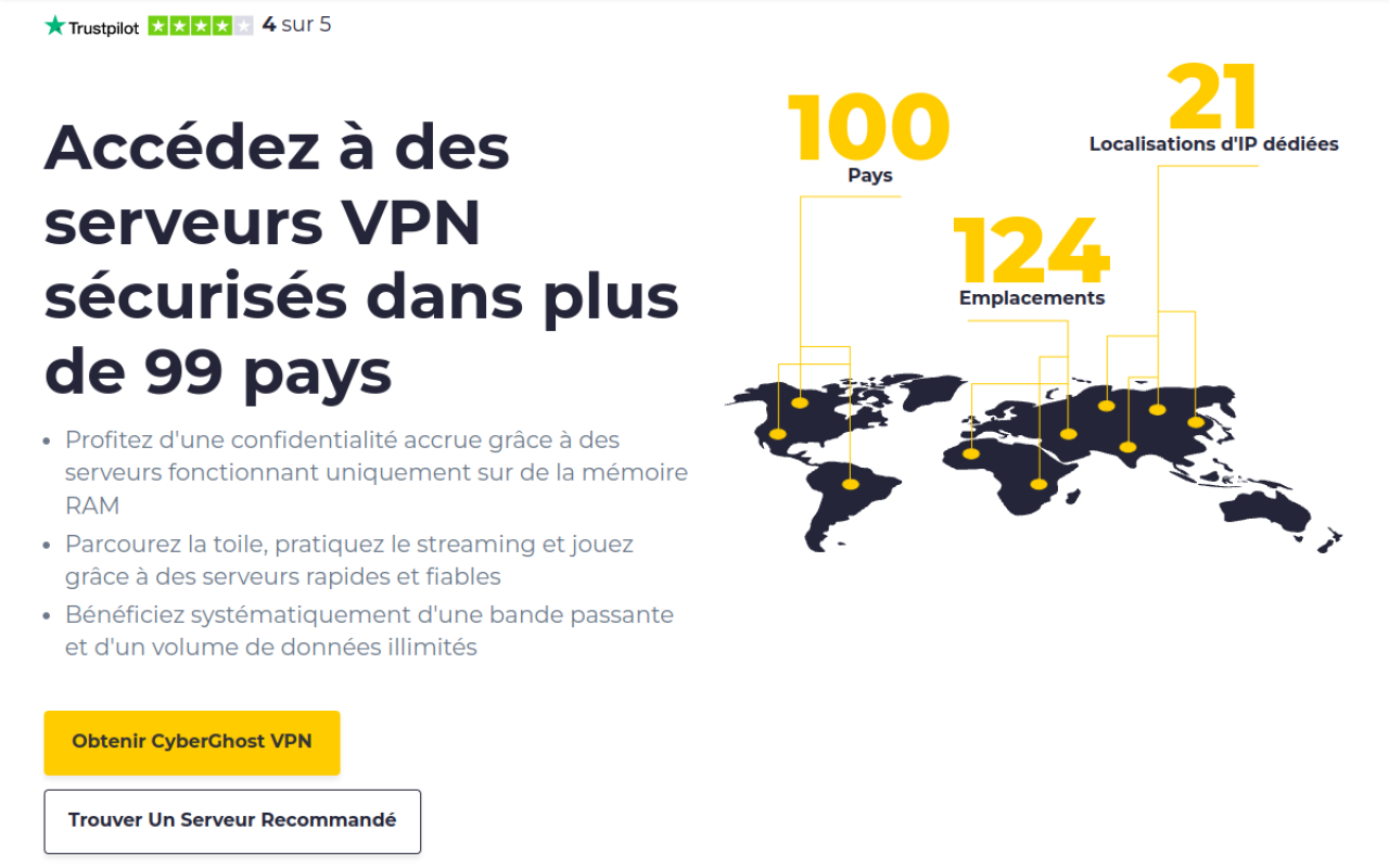 Page de CyberGhost sur ses serveurs VPN
