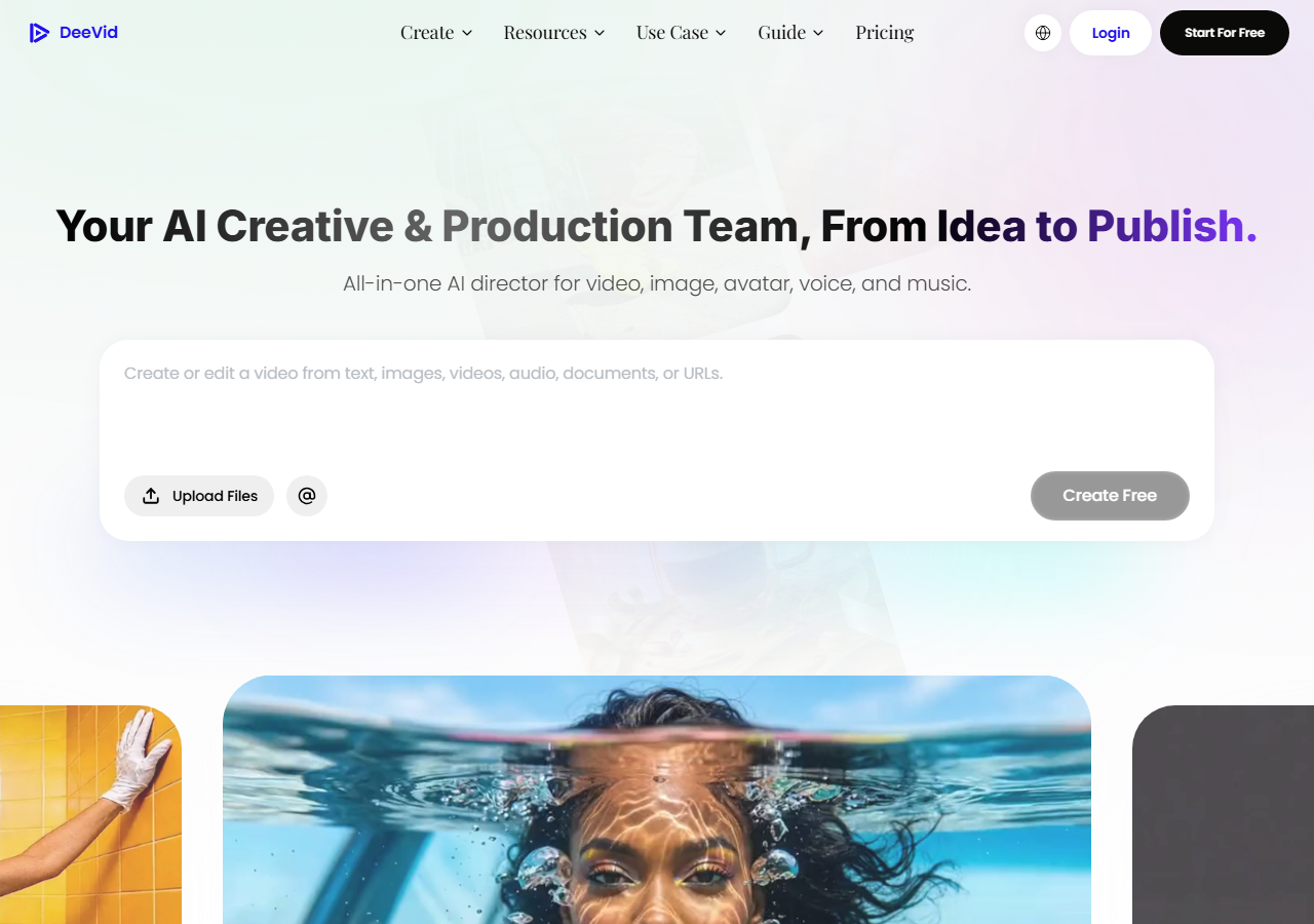 DeeVid homepage with a prompt box for creating a video from text, images, audio or URLs
