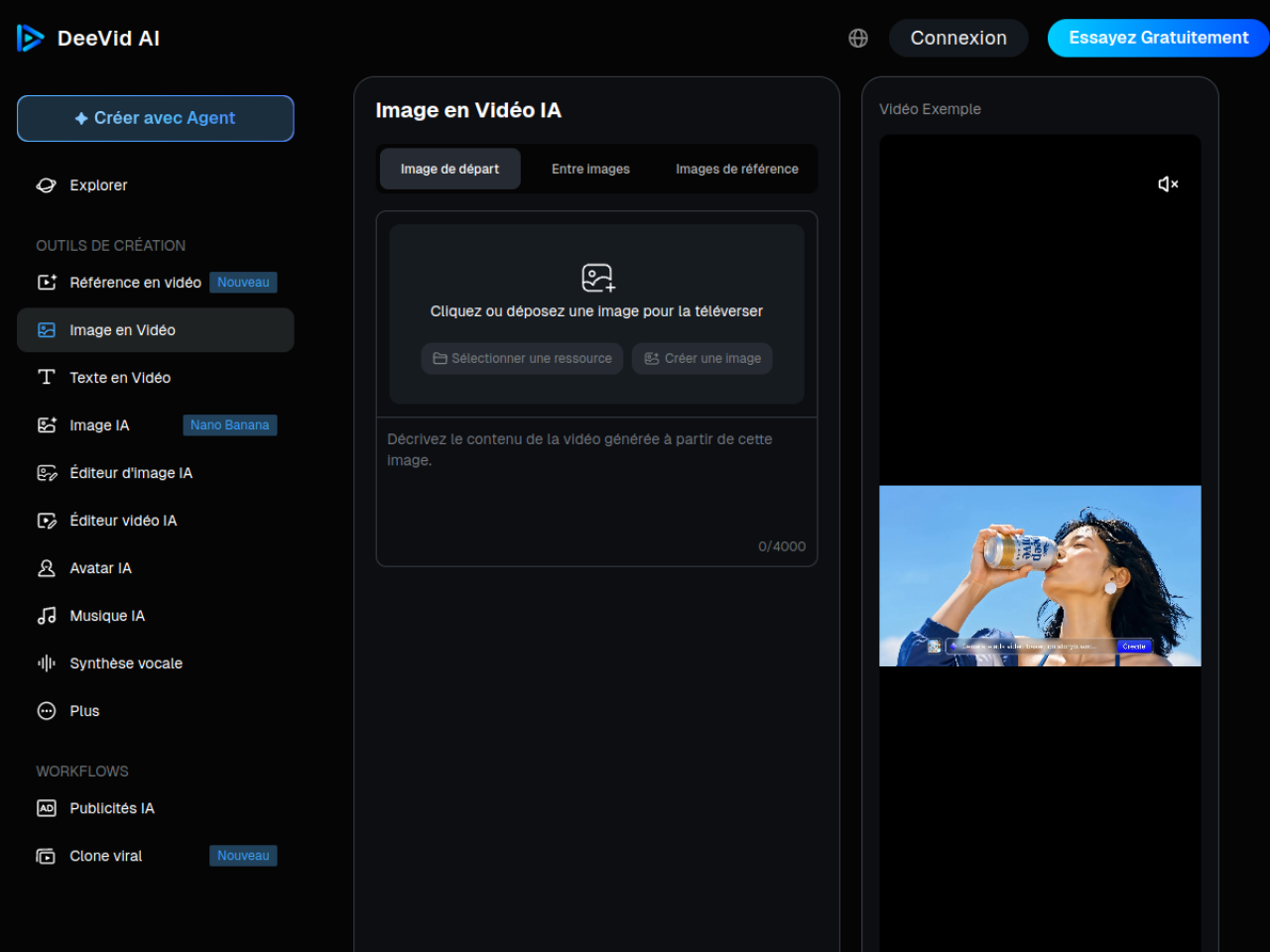 Outil Image en vidéo de DeeVid AI en français avec ses trois modes