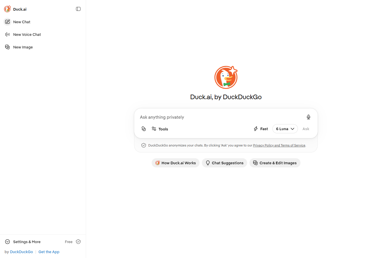 Duck.ai home page with the Ask anything privately prompt box and a model selector