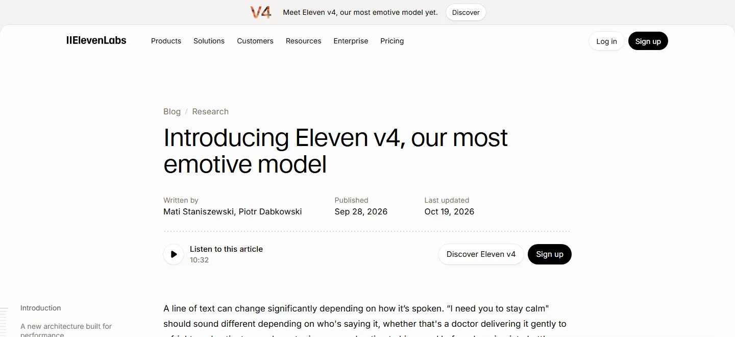Capture de l annonce officielle d Eleven v4 sur le blog ElevenLabs