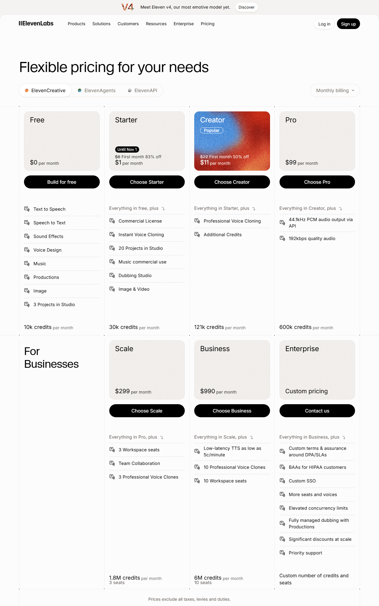 ElevenLabs pricing page with the Free, Starter, Creator, Pro, Scale, Business and Enterprise plans