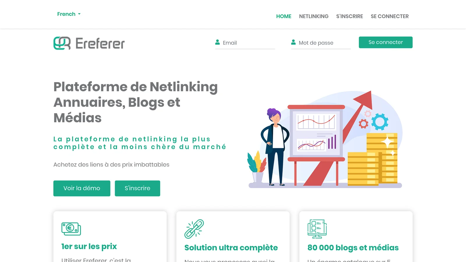 Page d'accueil d'Ereferer, plateforme de netlinking, d'annuaires et de médias