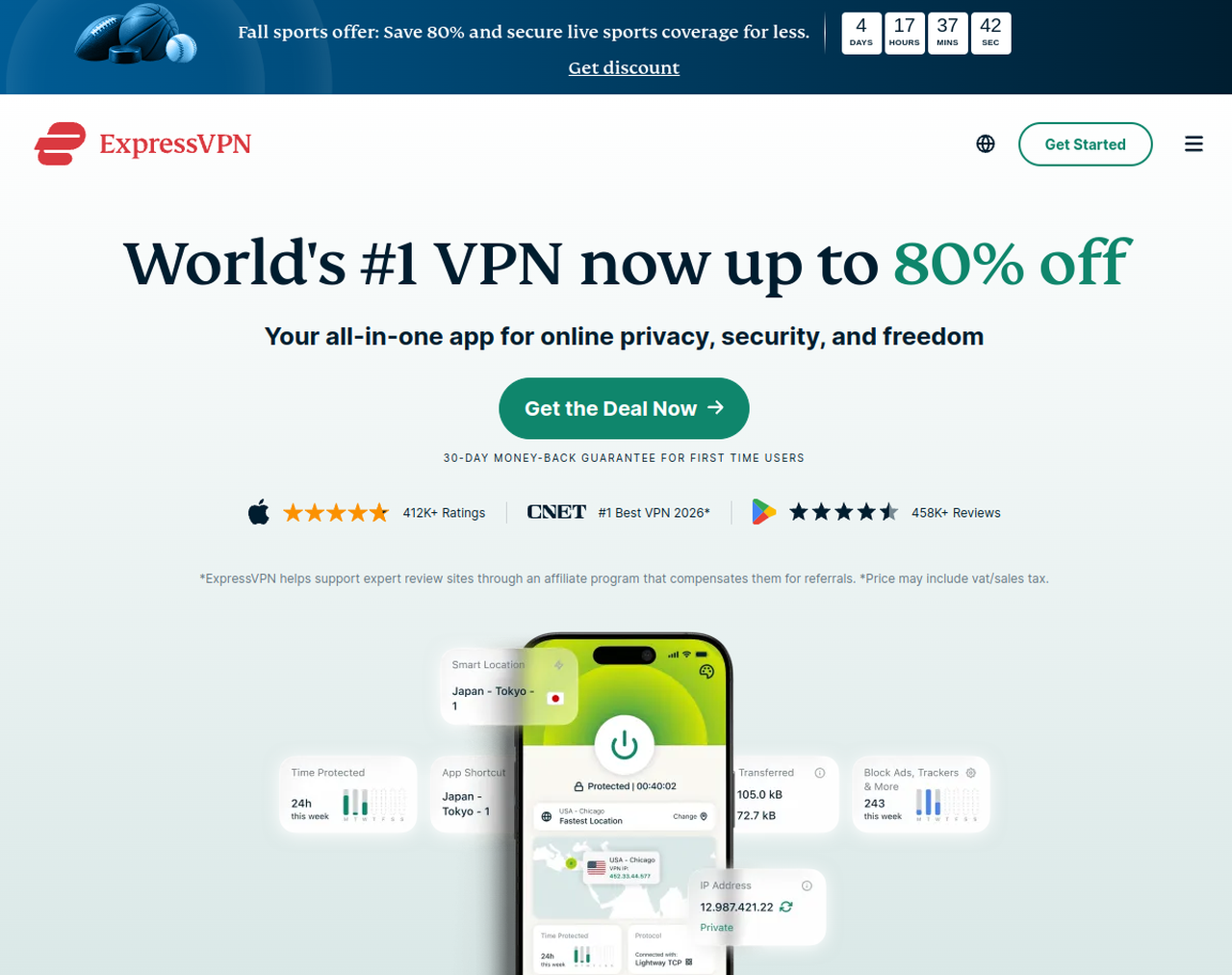 ExpressVPN home page with its up to 80% off offer